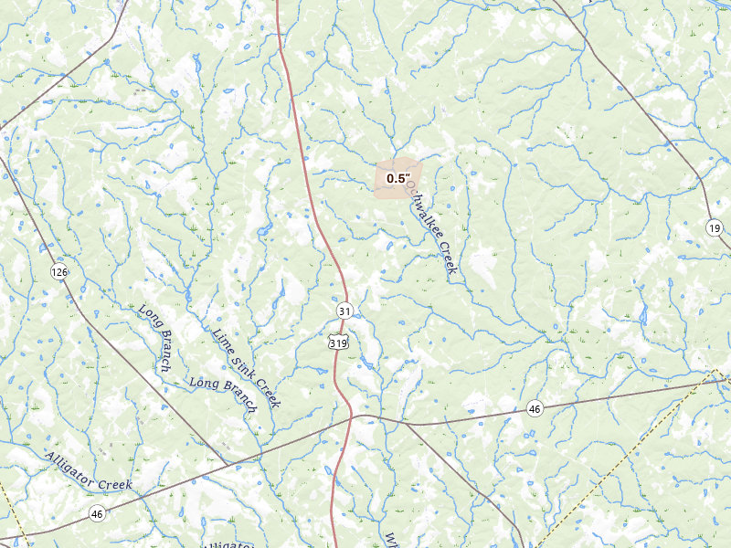 Radar-estimated hail-size map of the storm over Rentz, GA on Jul 27, 2026