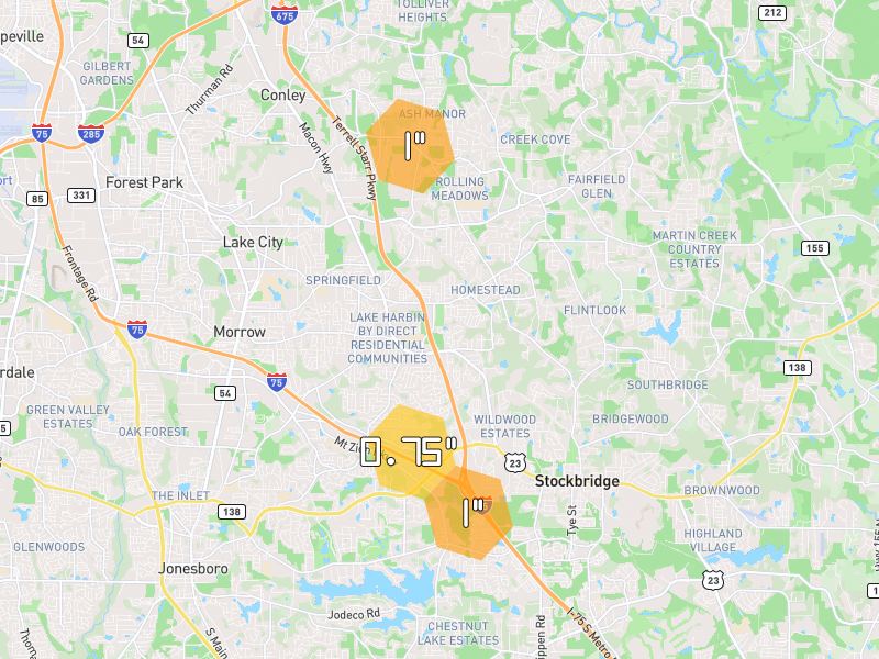 Hail map of Rex, GA on Jul 29, 2026, hail up to 1"
