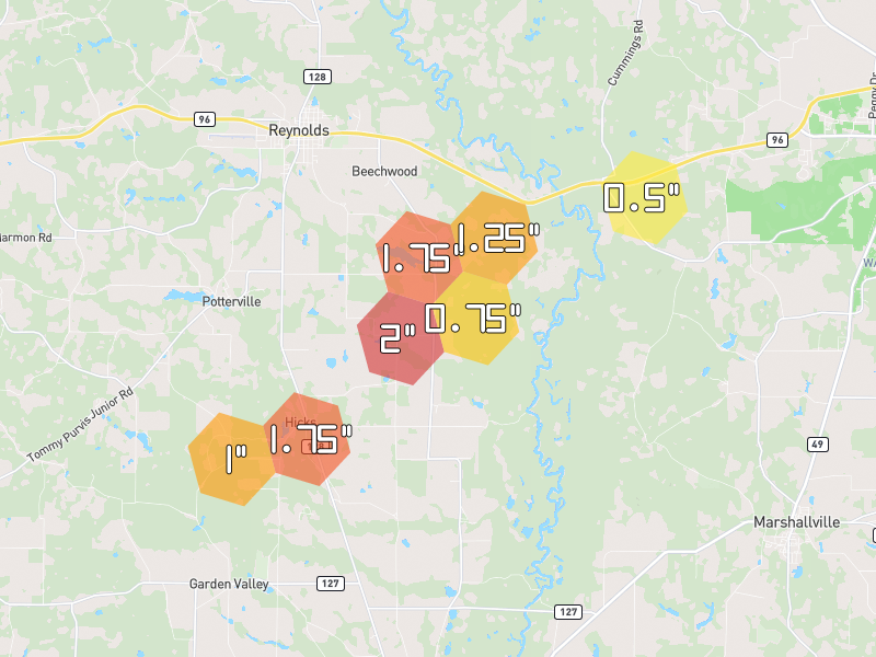 Hail map of Reynolds, GA on Jul 5, 2026, hail up to 2"