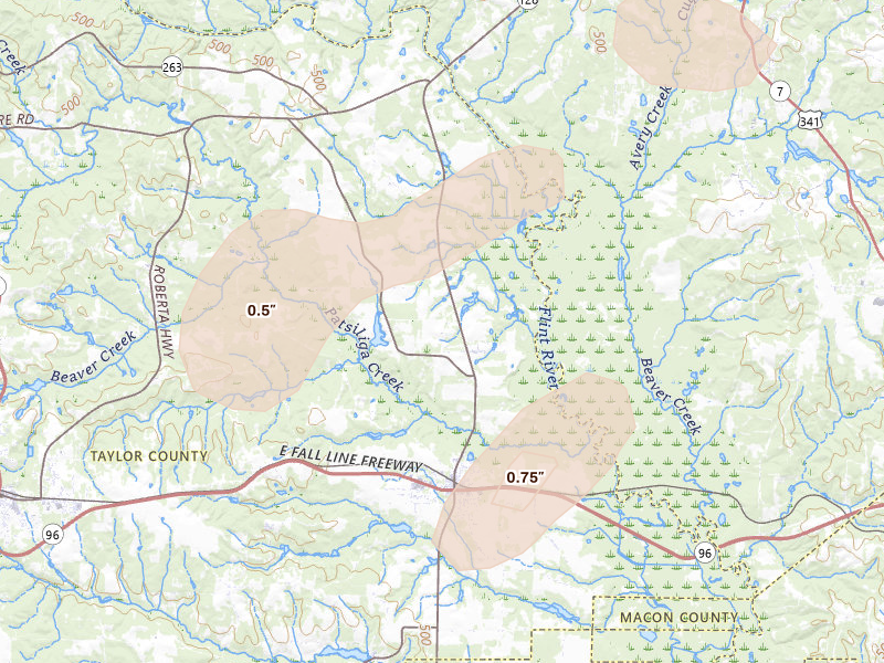 Radar-estimated hail-size map of the storm over Reynolds, GA on Jul 9, 2026