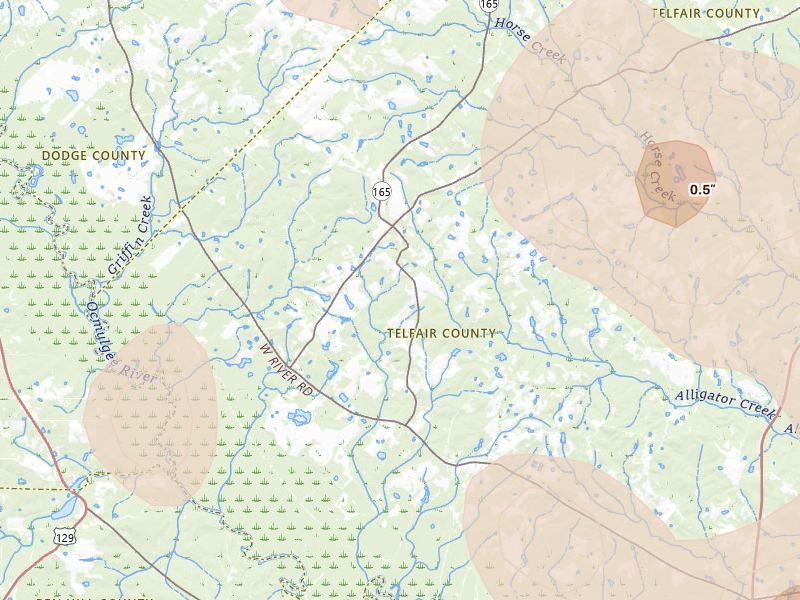 Radar-estimated hail-size map of the storm over Rhine, GA on May 17, 2026