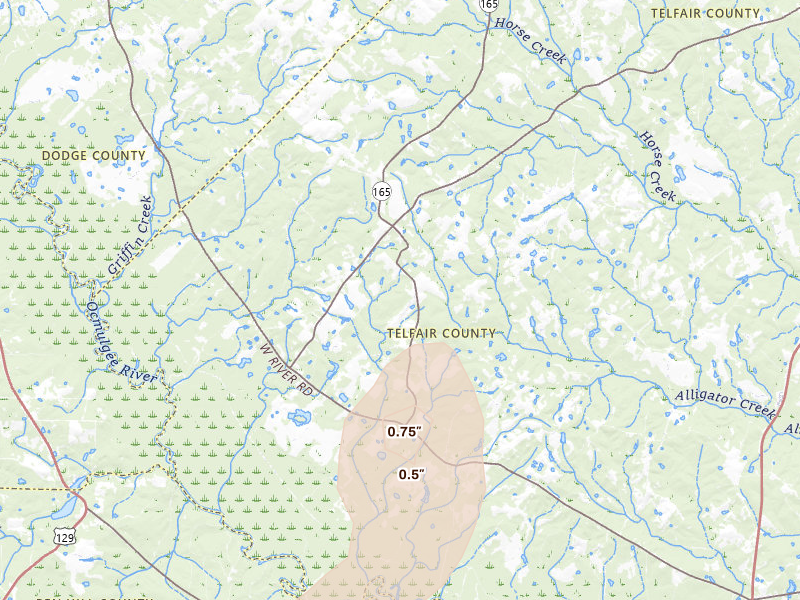 Radar-estimated hail-size map of the storm over Rhine, GA on May 22, 2026