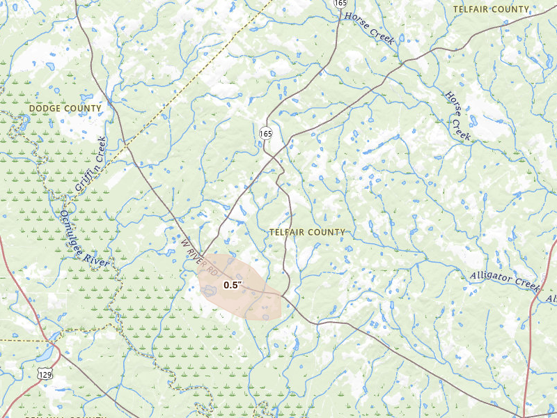 Radar-estimated hail-size map of the storm over Rhine, GA on Jul 25, 2026