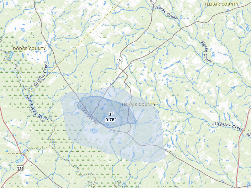 NEXRAD radar-signature map of the hail storm over Rhine, GA on Jul 25, 2026