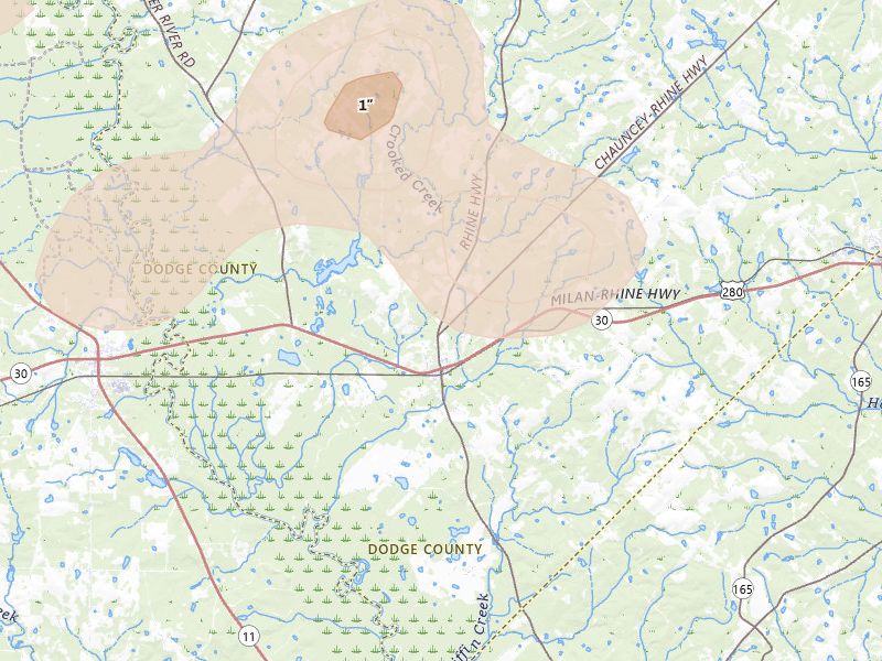 Radar-estimated hail-size map of the storm over Rhine, GA on Aug 11, 2026