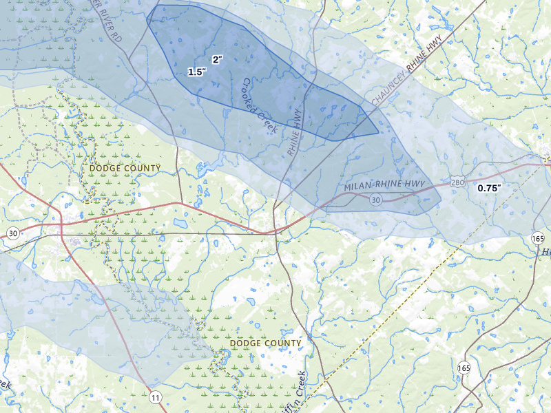 NEXRAD radar-signature map of the hail storm over Rhine, GA on Aug 11, 2026