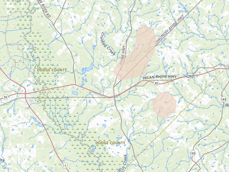 Radar-estimated hail-size map of the storm over Rhine, GA on Aug 21, 2026