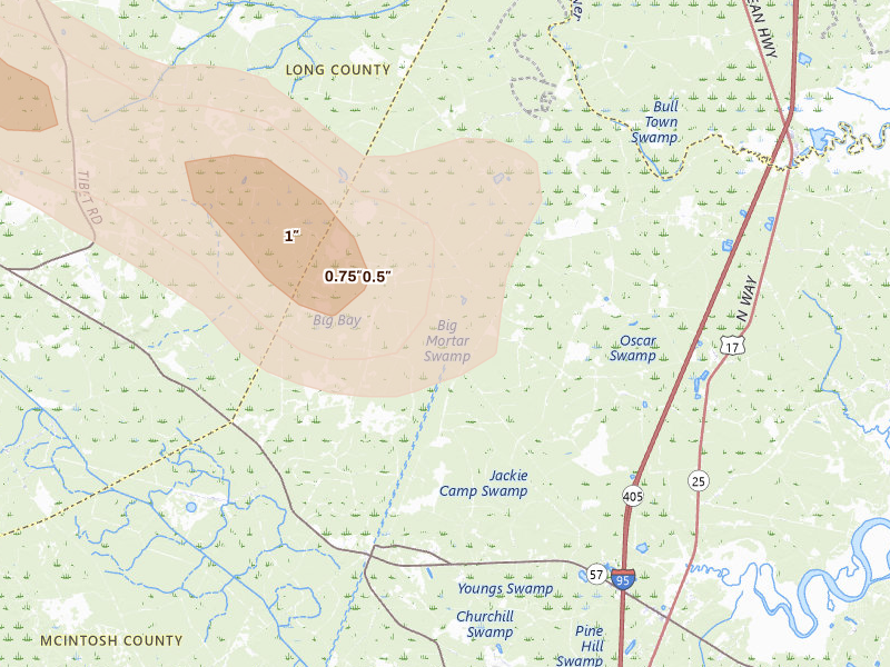 Radar-estimated hail-size map of the storm over Riceboro, GA on Jul 25, 2026