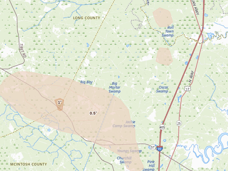 Radar-estimated hail-size map of the storm over Riceboro, GA on Jul 29, 2026