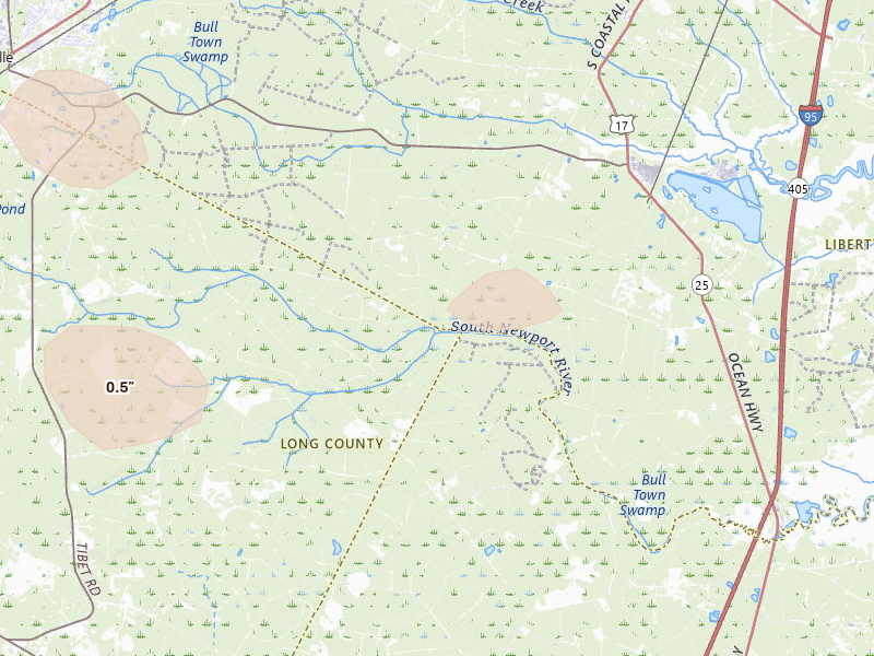 Radar-estimated hail-size map of the storm over Riceboro, GA on Aug 11, 2026