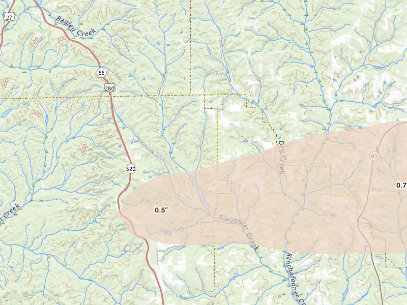 Radar-estimated hail-size map of the storm over Richland, GA on May 6, 2026