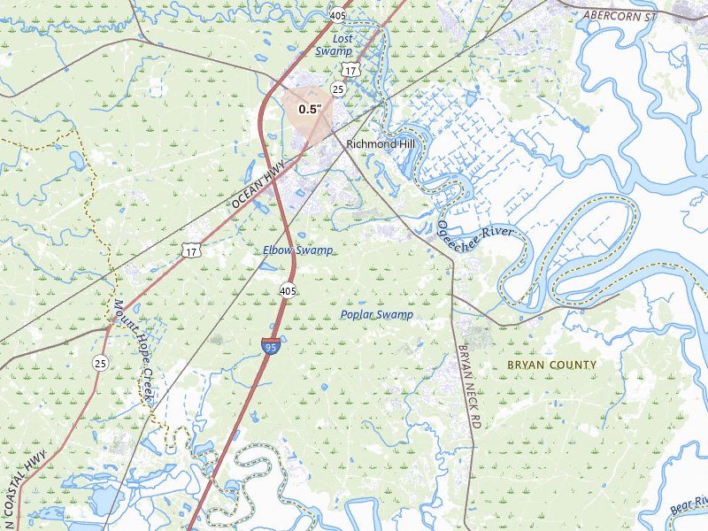 Radar-estimated hail-size map of the storm over Richmond Hill, GA on Jun 27, 2026