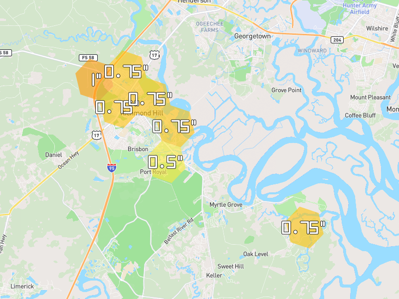 Hail map of Richmond Hill, GA on Jun 27, 2026, hail up to 1"