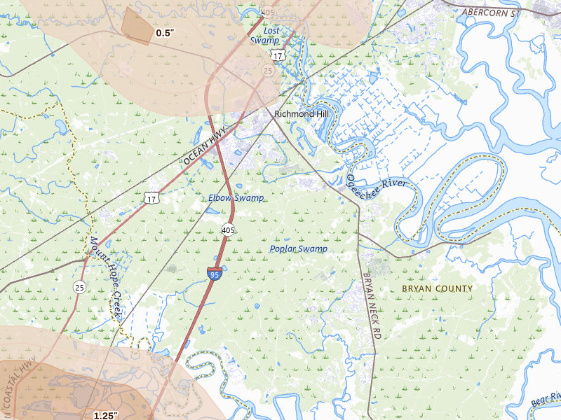 Radar-estimated hail-size map of the storm over Richmond Hill, GA on Jul 29, 2026