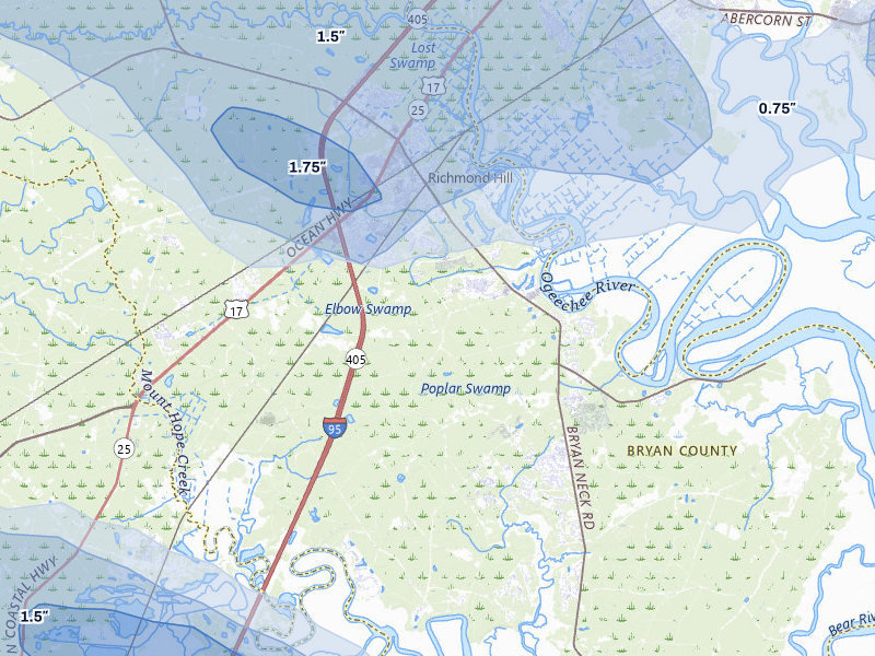 NEXRAD radar-signature map of the hail over Richmond Hill, GA