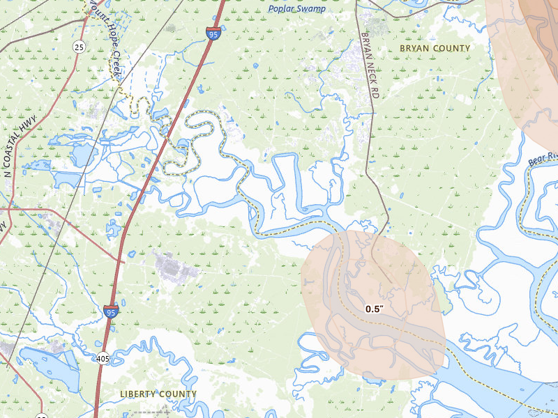 Radar-estimated hail-size map of the storm over Richmond Hill, GA on Aug 10, 2026