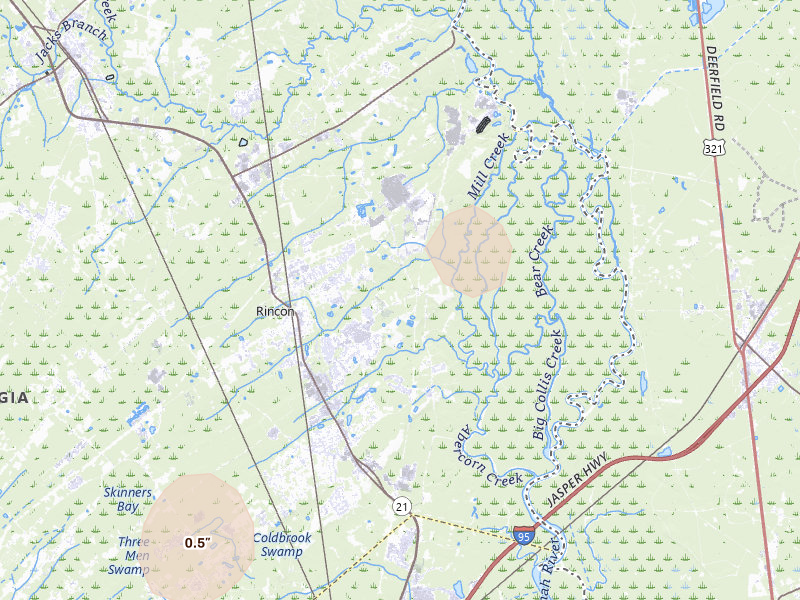 Radar-estimated hail-size map of the storm over Rincon, GA on Jul 6, 2026