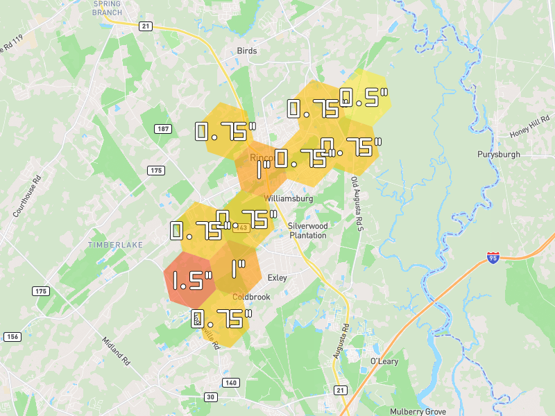 Hail map of Rincon, GA on Jul 6, 2026, hail up to 1.5"