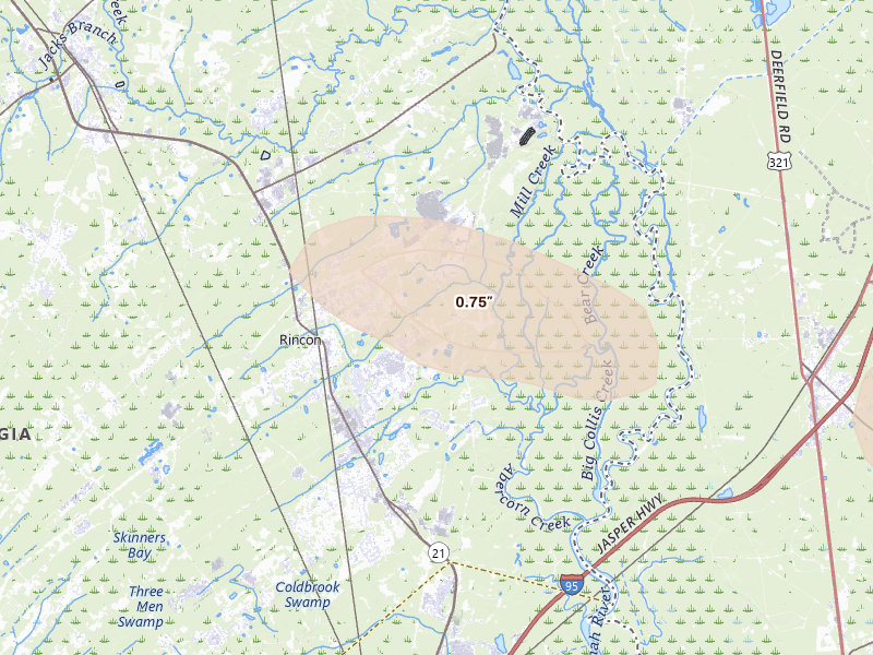 Radar-estimated hail-size map of the storm over Rincon, GA on Aug 11, 2026