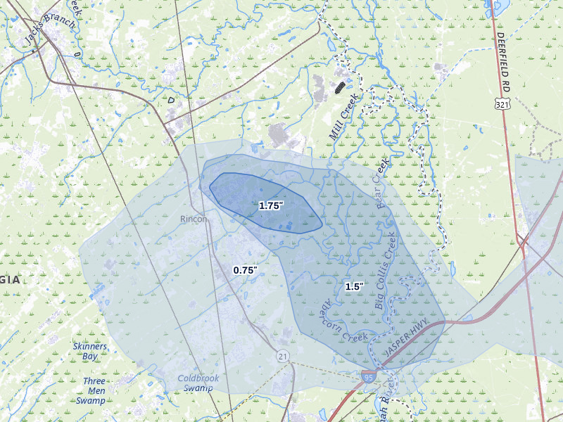 NEXRAD radar-signature map of the hail storm over Rincon, GA on Aug 11, 2026
