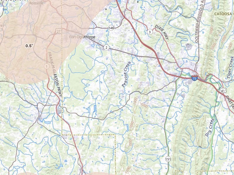 Radar-estimated hail-size map of the storm over Ringgold, GA on Jul 3, 2026
