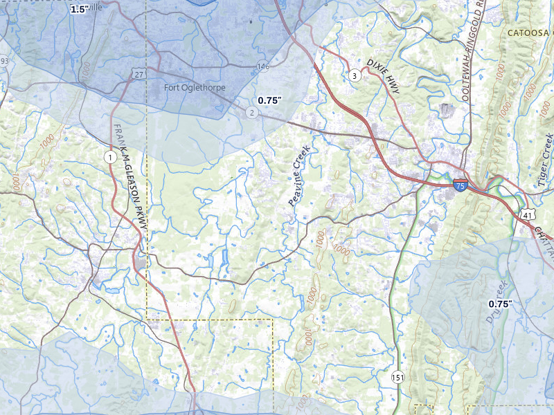 NEXRAD radar-signature map of the hail storm over Ringgold, GA on Jul 3, 2026