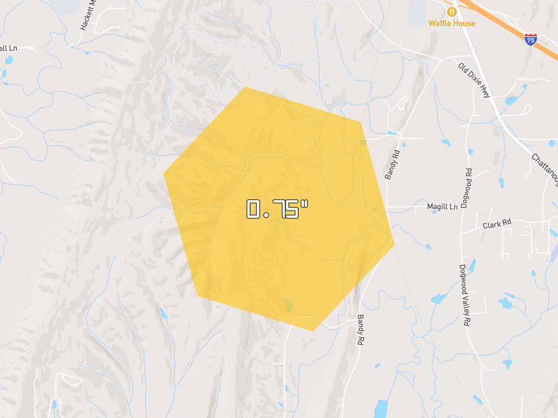 Hail map of Ringgold, GA on Jul 3, 2026, hail up to 0.75"