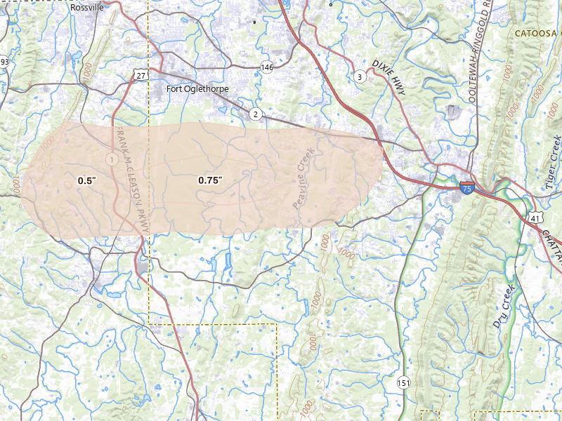 Radar-estimated hail-size map of the storm over Ringgold, GA on Aug 1, 2026