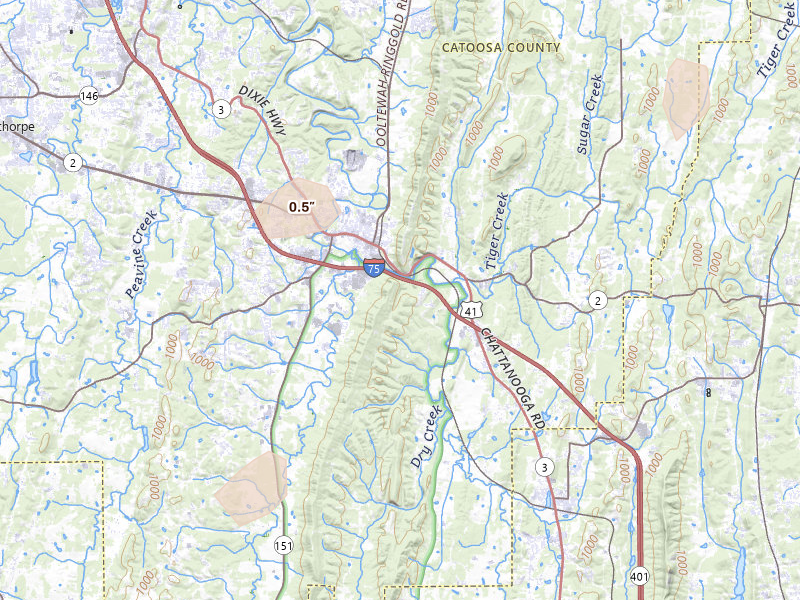 Radar-estimated hail-size map of the storm over Ringgold, GA on Aug 5, 2026