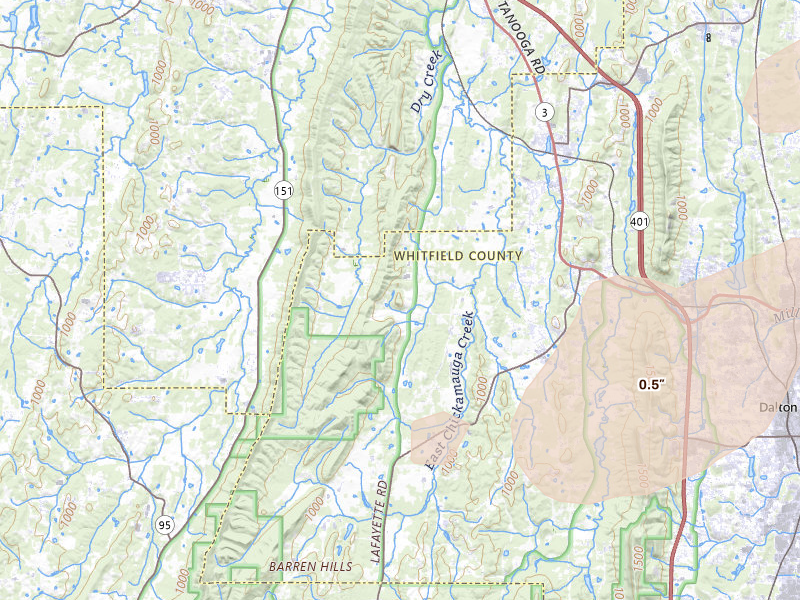 Radar-estimated hail-size map of the storm over Ringgold, GA on Aug 7, 2026