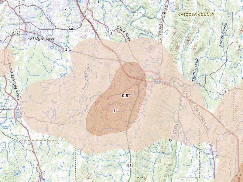 Radar-estimated hail-size map of the storm over Ringgold, GA on Aug 20, 2026