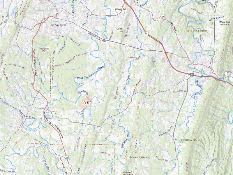 Radar-estimated hail-size map of the storm over Ringgold, GA