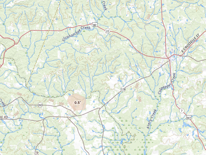 Radar-estimated hail-size map of the storm over Roberta, GA on May 23, 2026