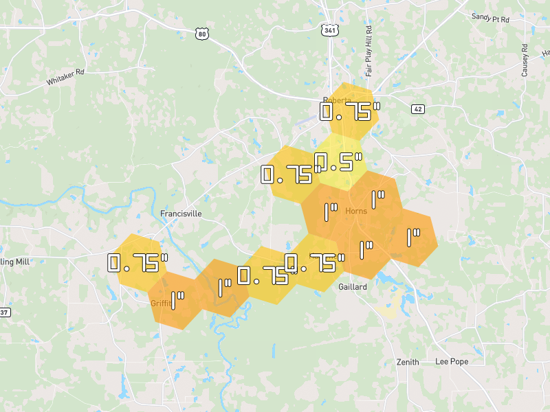 Hail map of Roberta, GA on Jul 9, 2026, hail up to 1"
