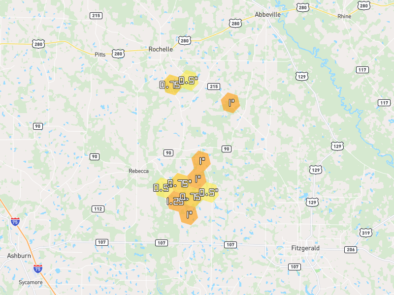 Hail map of Rochelle, GA on Jul 9, 2026, hail up to 1.25"