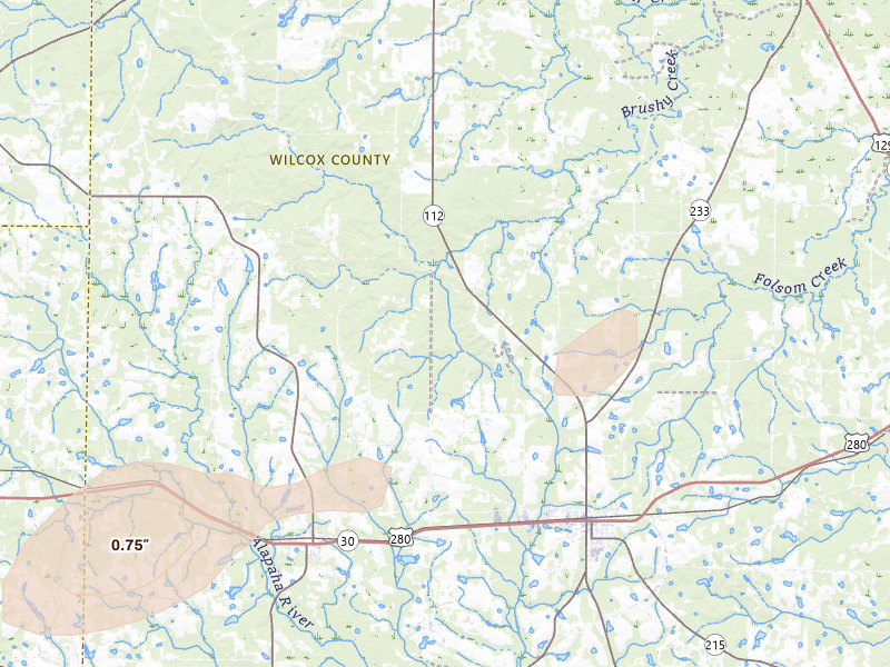 Radar-estimated hail-size map of the storm over Rochelle, GA on Jul 10, 2026
