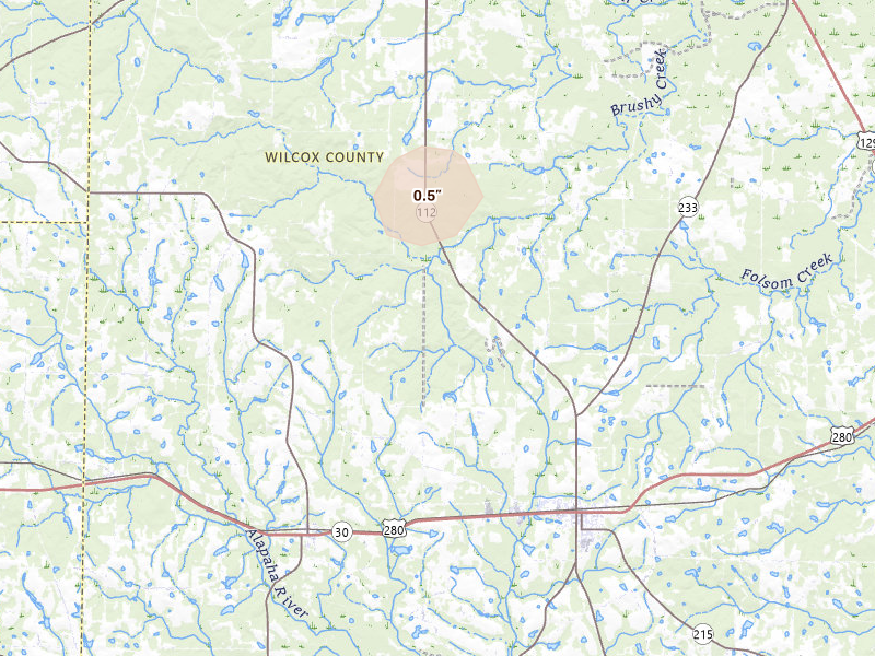 Radar-estimated hail-size map of the storm over Rochelle, GA on Jul 18, 2026