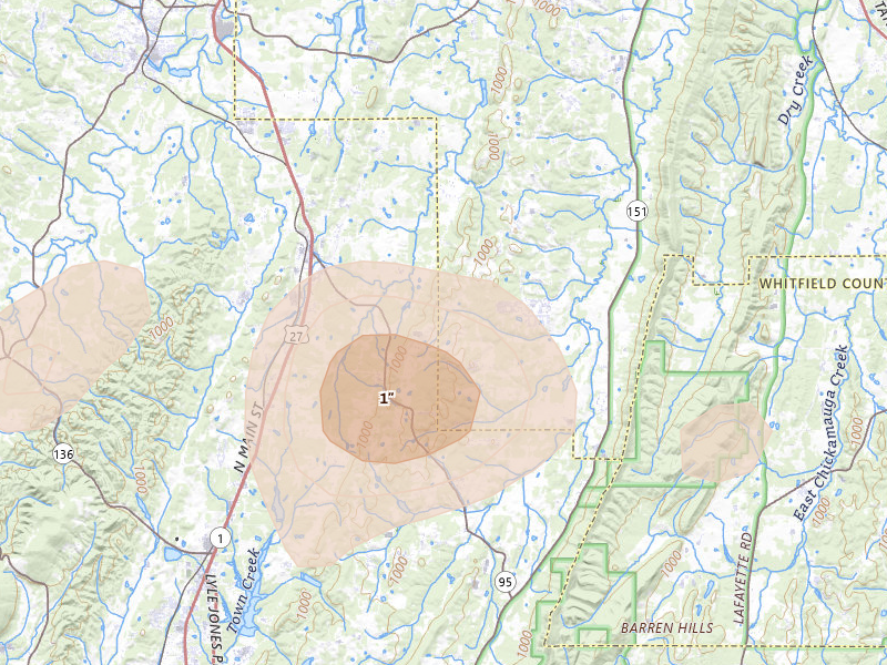 Radar-estimated hail-size map of the storm over Rock Spring, GA on Jul 3, 2026