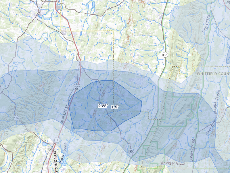 NEXRAD radar-signature map of the hail over Rock Spring, GA