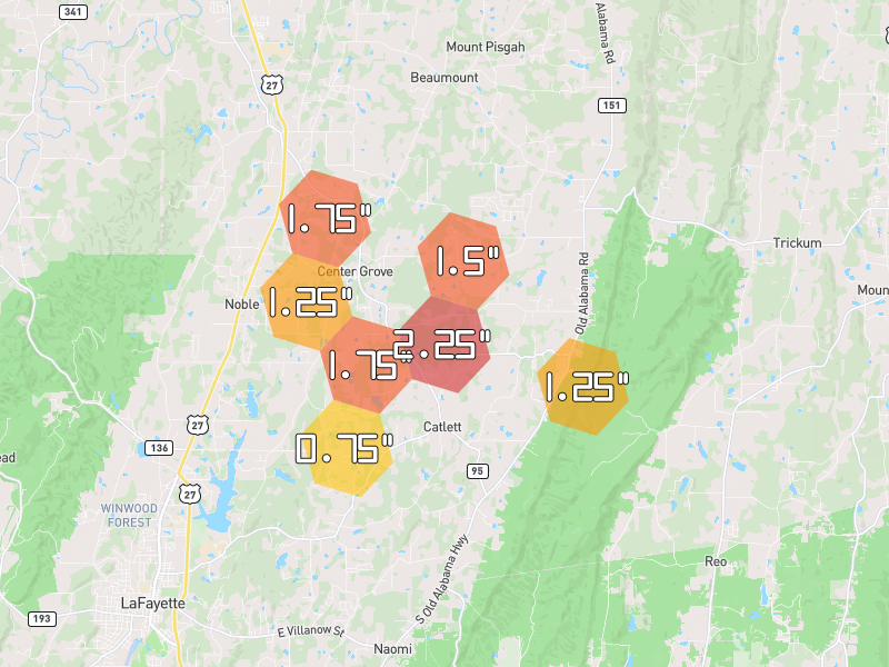 Hail map of Rock Spring, GA on Jul 3, 2026, hail up to 2.25"