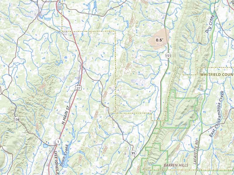 Radar-estimated hail-size map of the storm over Rock Spring, GA on Aug 5, 2026