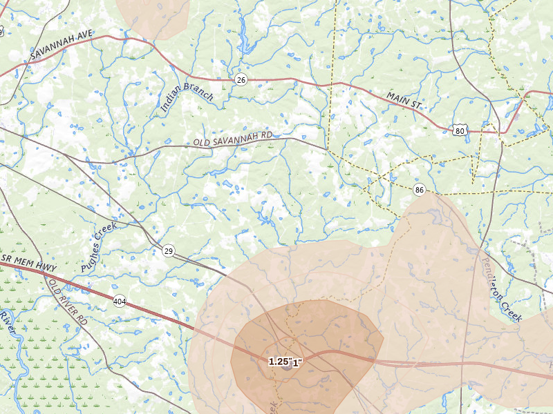 Radar-estimated hail-size map of the storm over Rockledge, GA on May 17, 2026