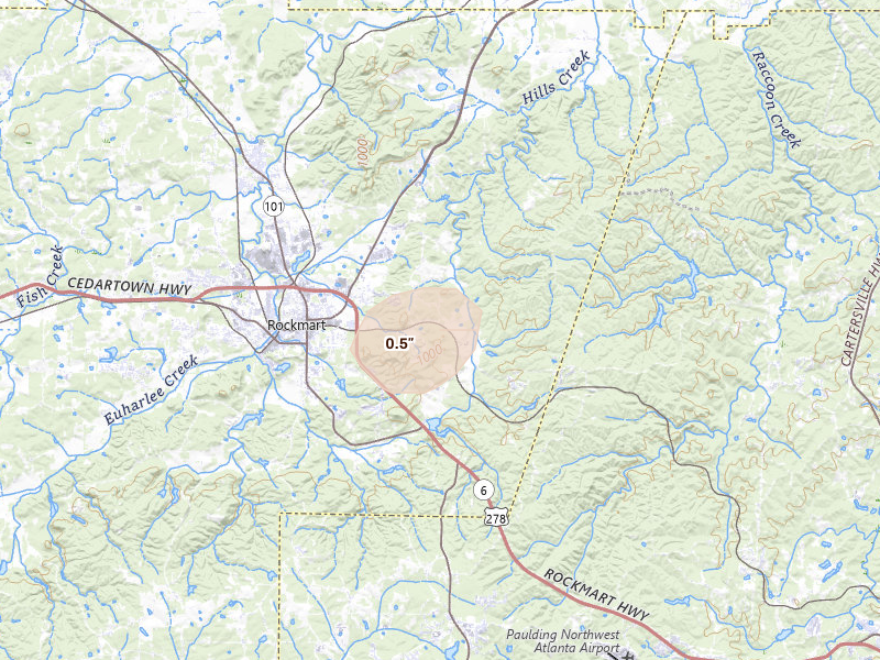 Radar-estimated hail-size map of the storm over Rockmart, GA on Jul 9, 2026
