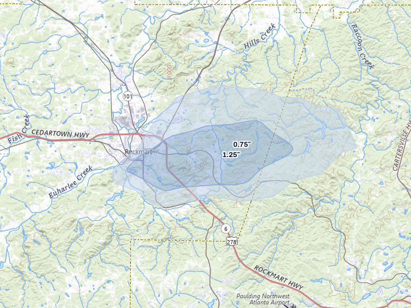 NEXRAD radar-signature map of the hail over Rockmart, GA