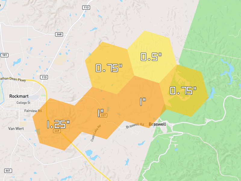 Hail map of Rockmart, GA on Jul 9, 2026, hail up to 1.25"