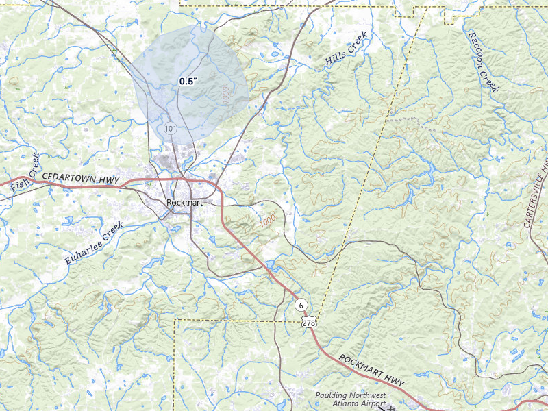 NEXRAD radar-signature map of the hail over Rockmart, GA
