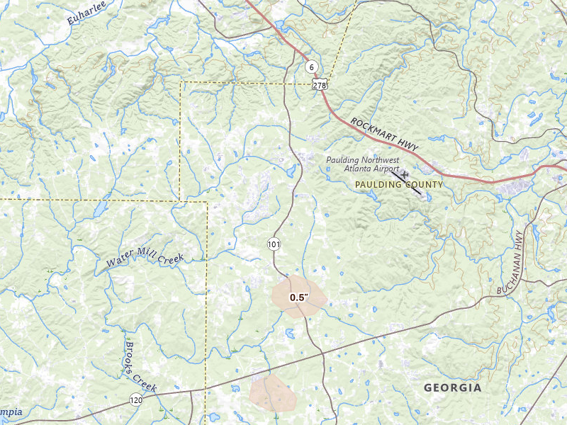 Radar-estimated hail-size map of the storm over Rockmart, GA on Aug 11, 2026