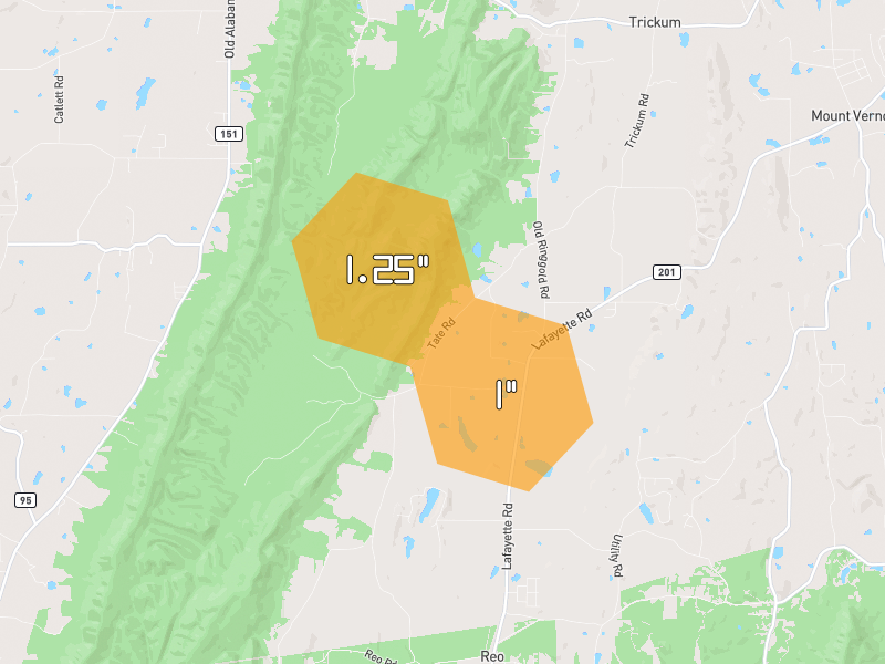 Hail map of Rocky Face, GA on Jul 3, 2026, hail up to 1.25"