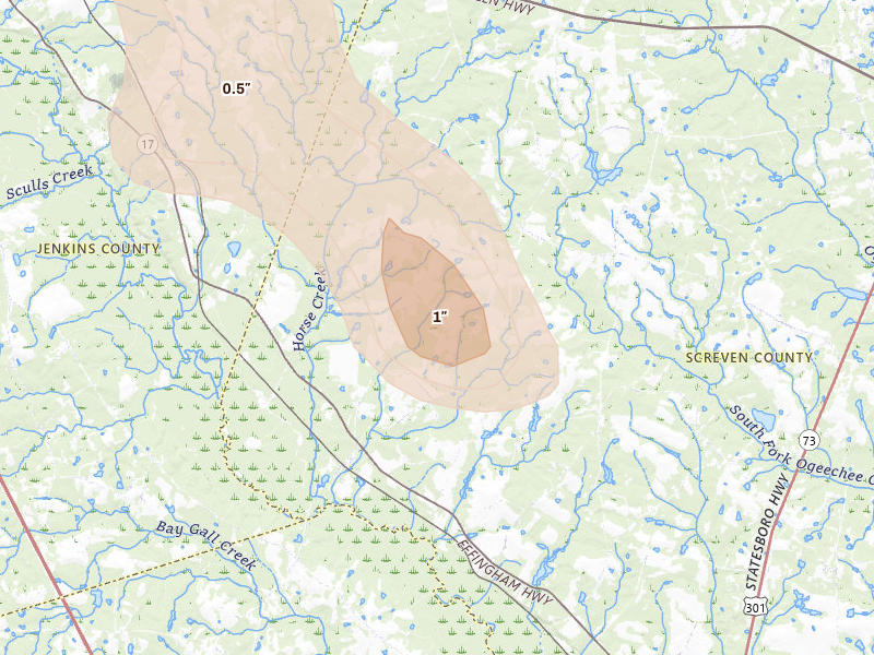 Radar-estimated hail-size map of the storm over Rocky Ford, GA
