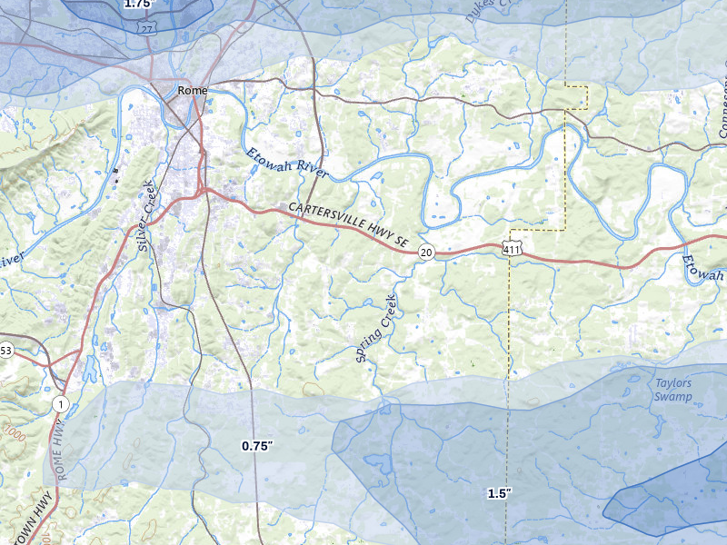 NEXRAD radar-signature map of the hail storm over Rome, GA on Jul 3, 2026